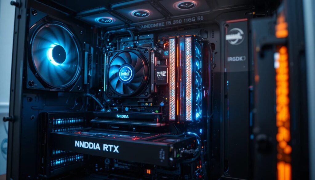 Technician testing components inside a rebuilt computer