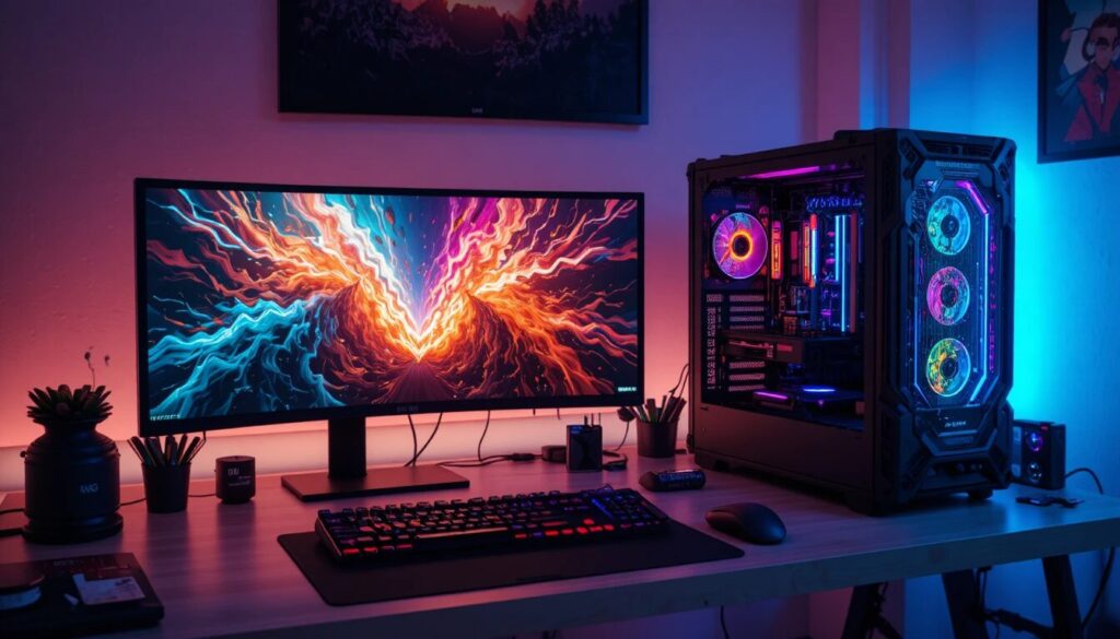 Budget gaming setup with monitor, keyboard and tower
