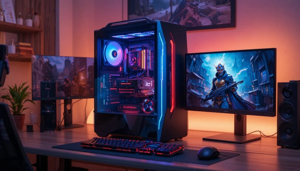 Cables and cooling fans inside a refurbished desktop