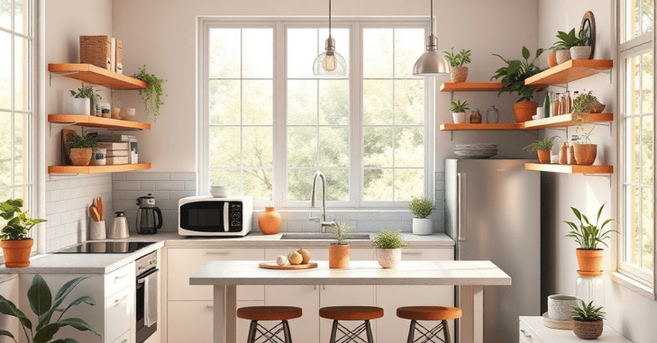 Small kitchen with sleek handleless units and open shelving