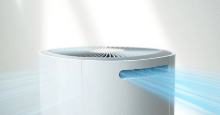 Compact air purifier placed in a bedroom corner