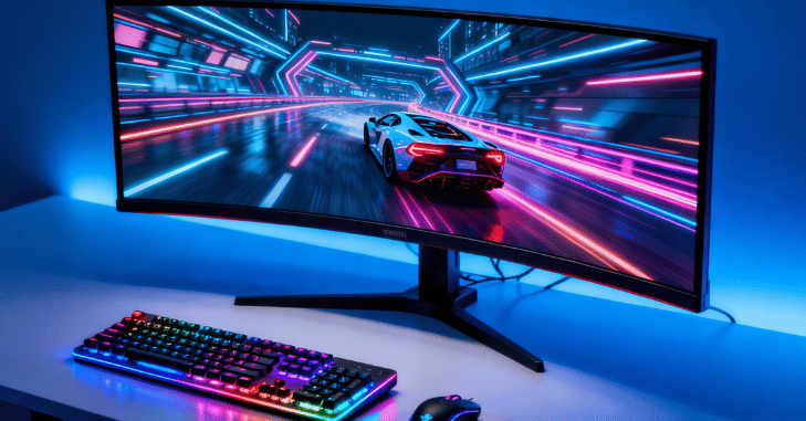 Curved gaming monitor set up on a desk with peripherals