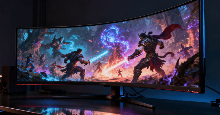 Gamer using a curved display for an immersive playing experience