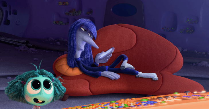 Ennui character from Inside Out 2 lounging on a sofa
